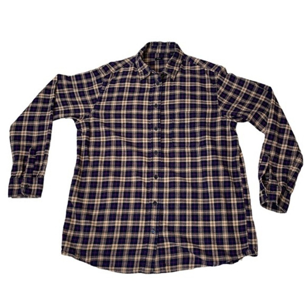 Uniqlo brand navy blue and cream flannel plaid print button up SZ L Fall/winter